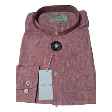 Men&rsquo;s Washed & Red Collarless Relaxed Slim Fit Linen Shirt