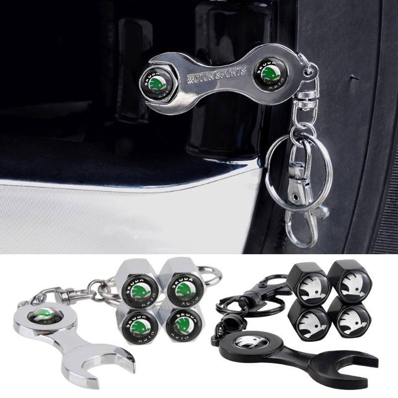 Car Wheel Tire Valve Air Caps with Wrench for Skoda Logo Octavia Spaceback Fabia 2 Transit Codec Cardboard