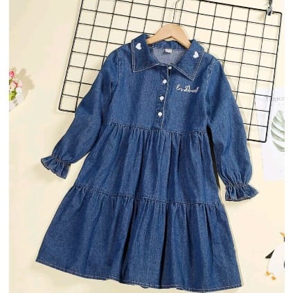 Girls Embriodered Flounce Sleeves Jeans Dress-  Dark Blue