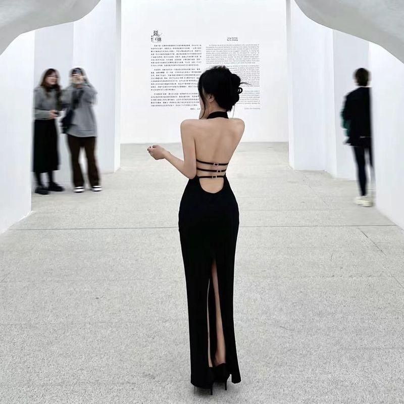 High-End Affordable Luxury Niche Slim Fit Slimming French Black Sexy Backless Halter Dress for Women 2023 Summer New