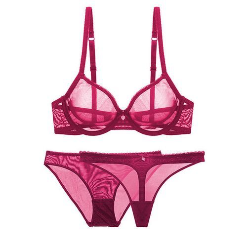 Ultra_thin Cup Mesh Lace Underwear Transparent Unlined 1 Bra+2 Panties Plus Size Bra Set For Ladies(#wine Red)