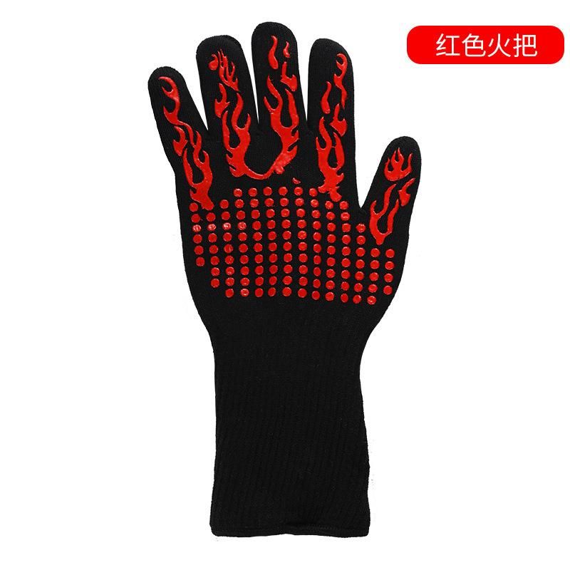 Silicone insulation gloves kitchen barbecue high temperature baking fireproof non-slip microwave oven bbq oven 500 degree gloves Red torch (universal for left and right)