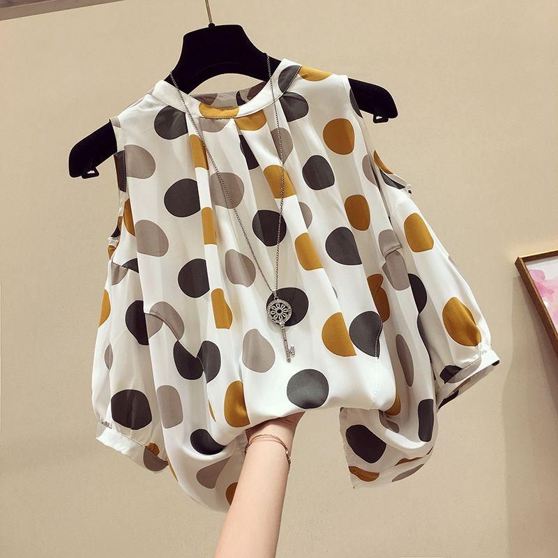 Large Size Women's Summer Fat Sister Loose Slimming Belly-Covered Western Style Top Polka Dot off-the-Shoulder Short Sleeve Chiffon Shirt