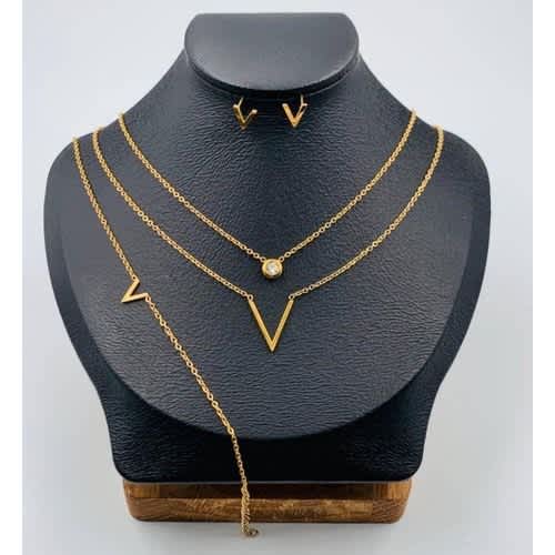 Set V Necklace + Earrings + Bracelet - Gold-plated Steel