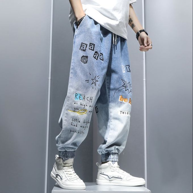 Men's Cartoon Graffiti Gradient Color Casual Jeans-Blue