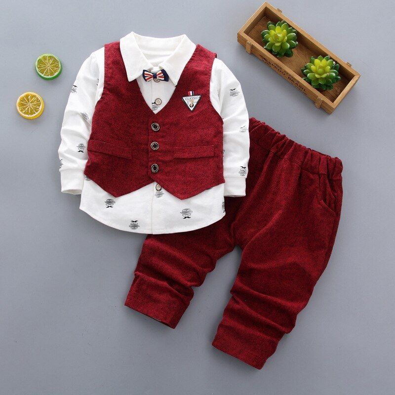 Autumn New Boy Baby Gentleman Suit Blue And White Porcelain Long Sleeve Long Sleeve Pants 2 Piece Set Infant 0-5 Years Old WT(#red)