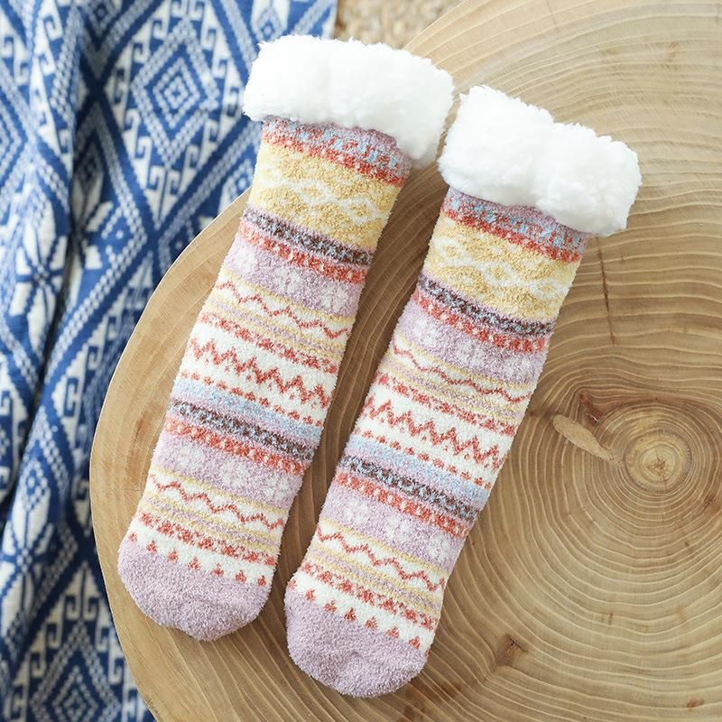 Coral fleece floor socks ladies winter warm double layer thickening home sleeping socks ethnic wind terry socks