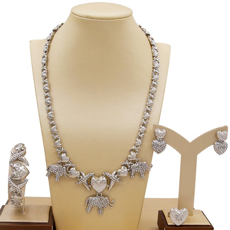 Artificial Gemstone Alloy Heart And Elephant  Jewelry Set Of Fou-Silver
