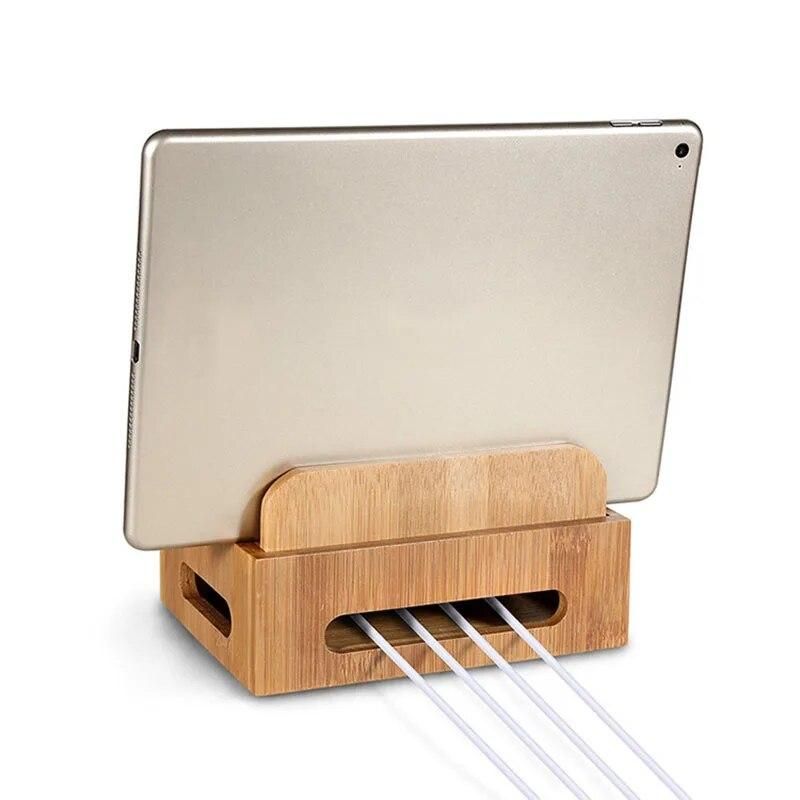 Multifunction Bamboo Mobile Phone Holder Cords Organizer Stand Charging Station For iPhone For Samsung Phone/Tablet Universal