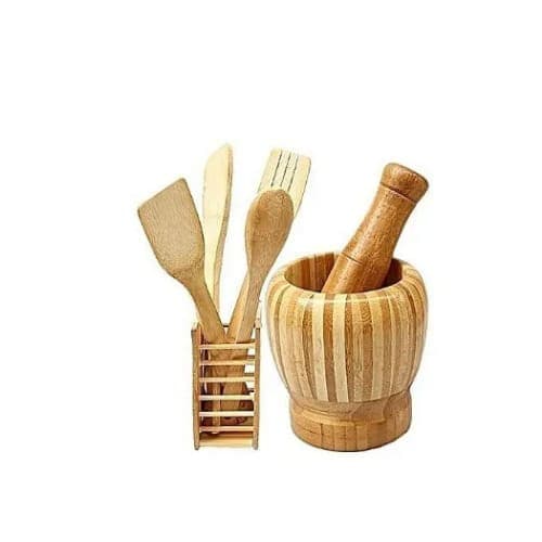 Wooden Set - Spoons Mortar & Pestle - Brown
