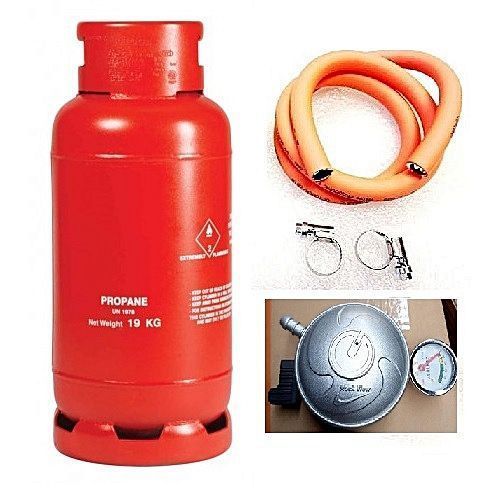 19KG GAS CYLINDER, METERED-REGULATOR, 4 YARDS HOSE & 2 CLIPS