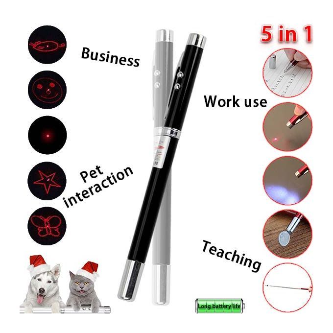 5in1 Retractable Red Laser Pointer Teaching Tool LED Lighting Metal Pen Interactive Cat Stick Toy