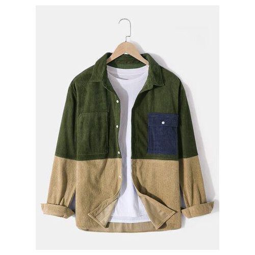 Custom-Made Beige And Green Corduroy Shirt Only Pk
