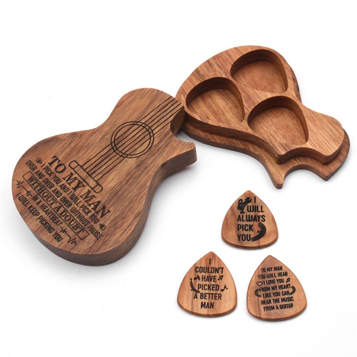 Wooden Guitar Pick Box Holder Guitar Shape 3 Compartments Paddles Wood Container with 3pcs Olivewood Picks