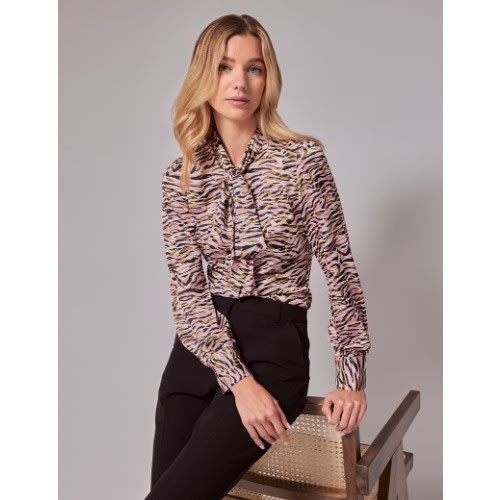 Women's Cream & Green Zebra Pussy Bow Blouse