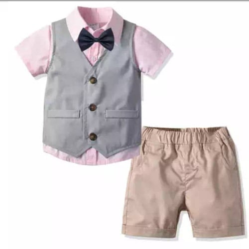 Pink Button Down Short Sleeve Shirt Jacket Bow Tie shorts