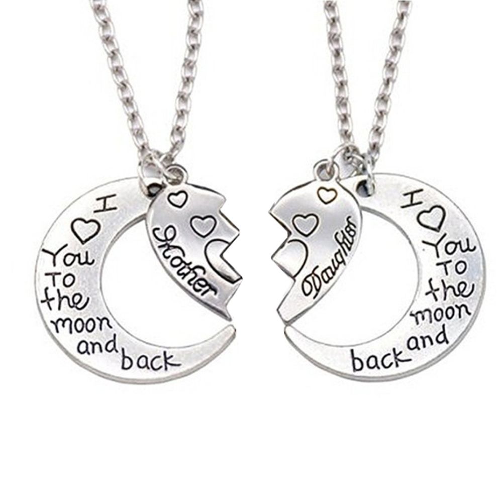 2Pcs I Love You To The Moon And Back Mother Daughter Heart Necklace Pendant Gift-Silver
