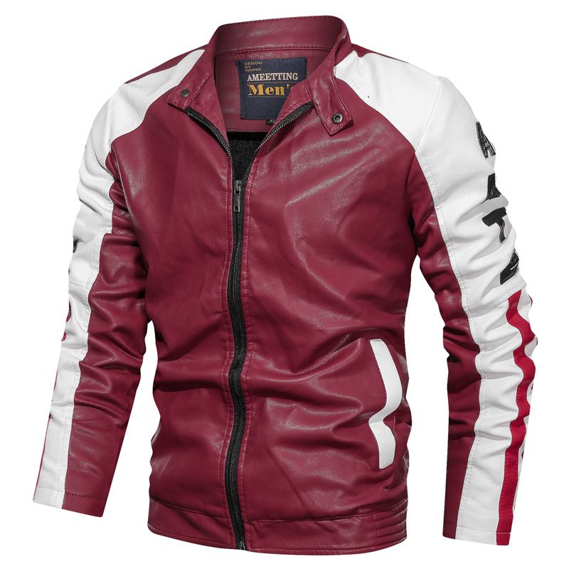 Men Leather Jacket Casual Patchwork Leather Jacket