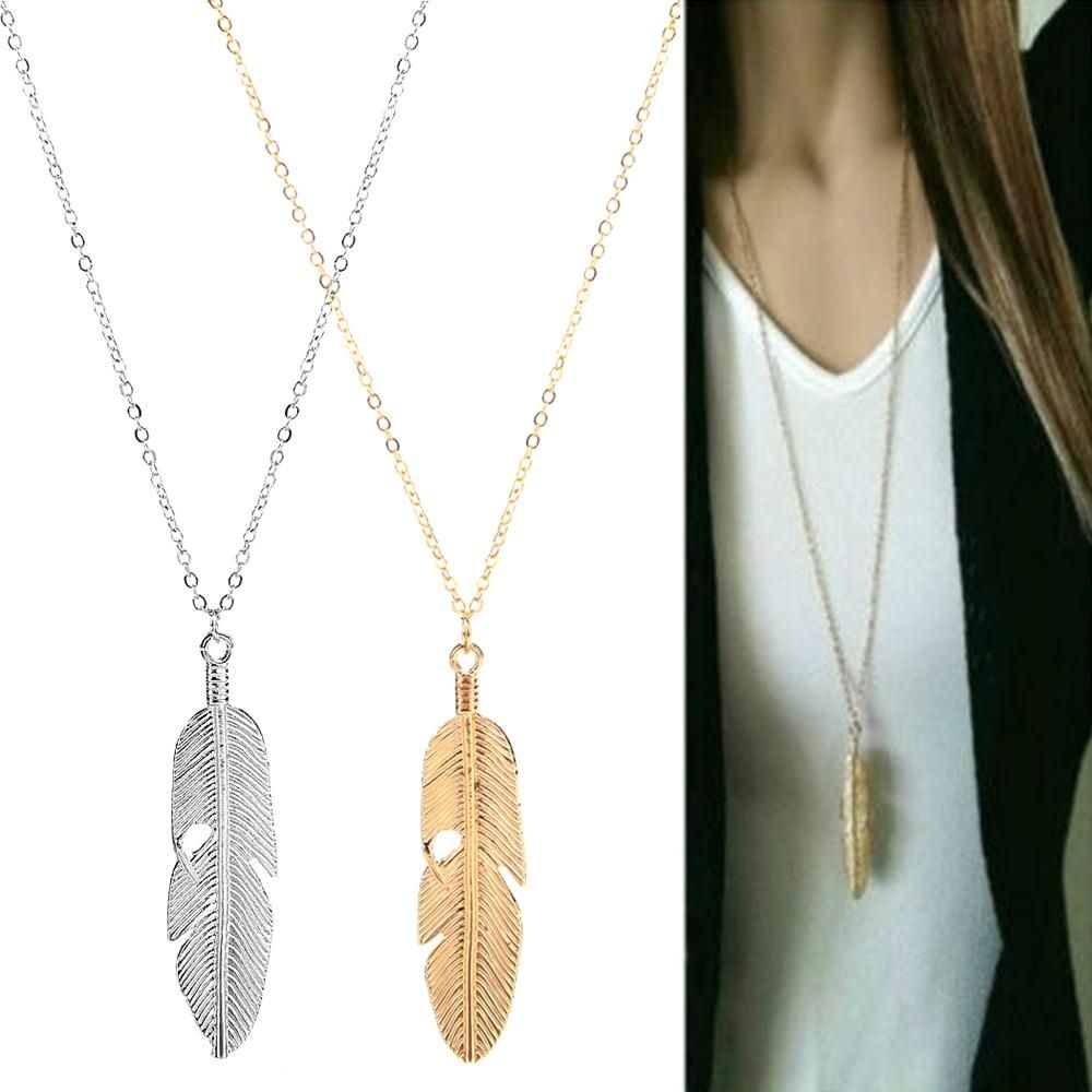 Fashion Simple Gold Color Meter Feather Pendant Necklace for Women Leaf Shaped Female Long Sweater Chain Girls Jewelry Gifts