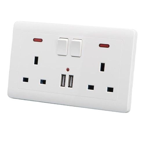 Double Wall British Plug Socket With 2 Usb Charger Port