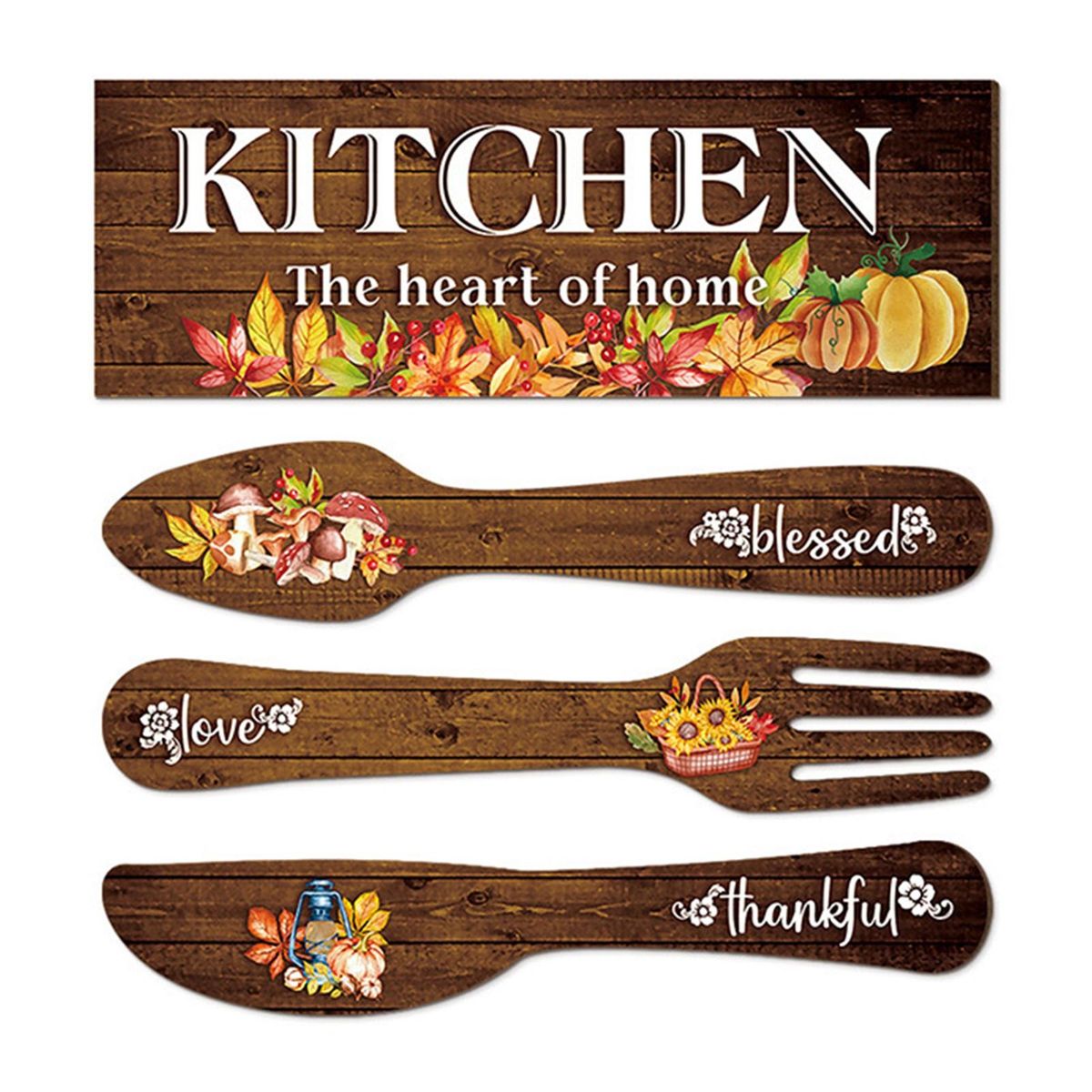 Rustic Summer Kitchen Wall Decor Set Blessed Thankful Eat Wooden Signs