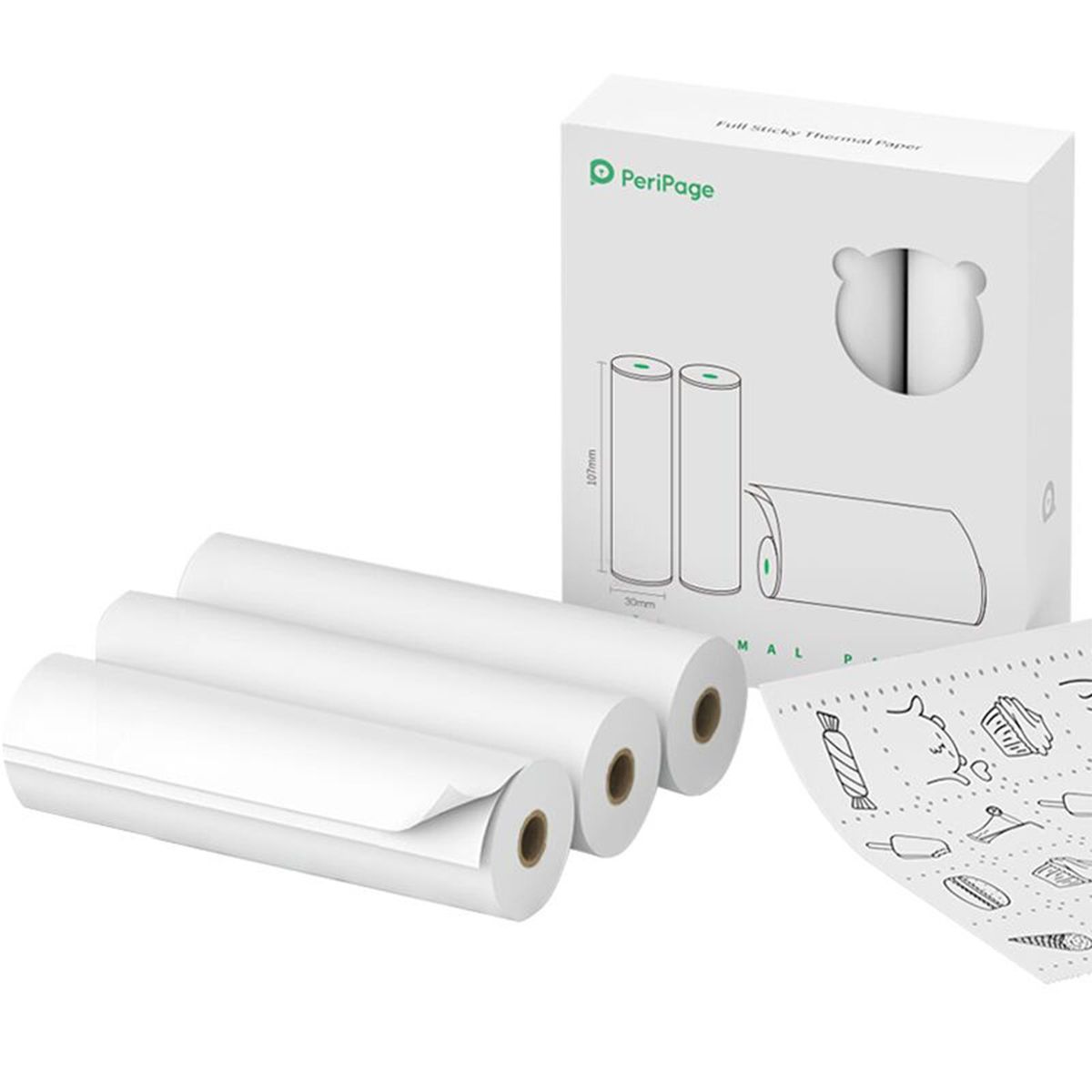 PeriPage 107 x 30mm Printable Sticker Roll BPA-Free Self-Adhesive Thermal Paper Sticky Paper Waterproof Oil-proof Friction-proof for PeriPage A9 Max/A9s Max Mini BT Wireless Thermal Mobile Printer, 3 Rolls