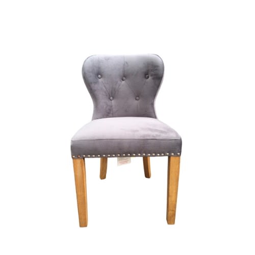 Upholstered Studded Oak Leg Dining Chair - Grey