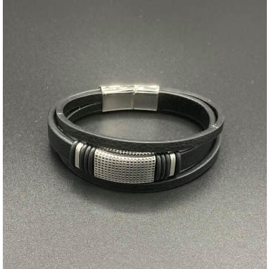Men's Luxury Leather Bracelet - Black - Silver