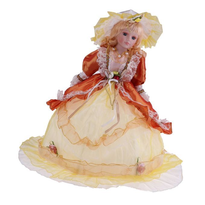 45cm Vintage Porcelain Doll With Golden Curly Hair, Yellow Dress