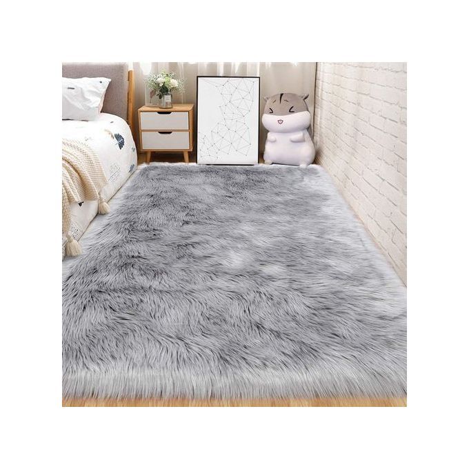 Grey Fluffy Shaggy Faux Sheepskin Fur Center Rugs