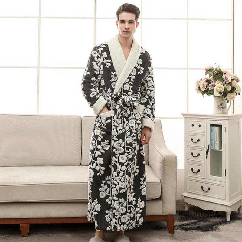 (Black Men A)Lovers Robe Women Winter Flannel Bathrobe Thicken Warm Kimono Bath Gown Sleepwar Night