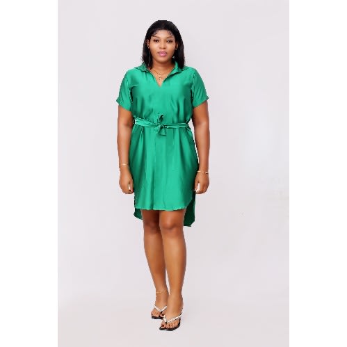 Belted V-neck Shirt Dress With Long Back - Green