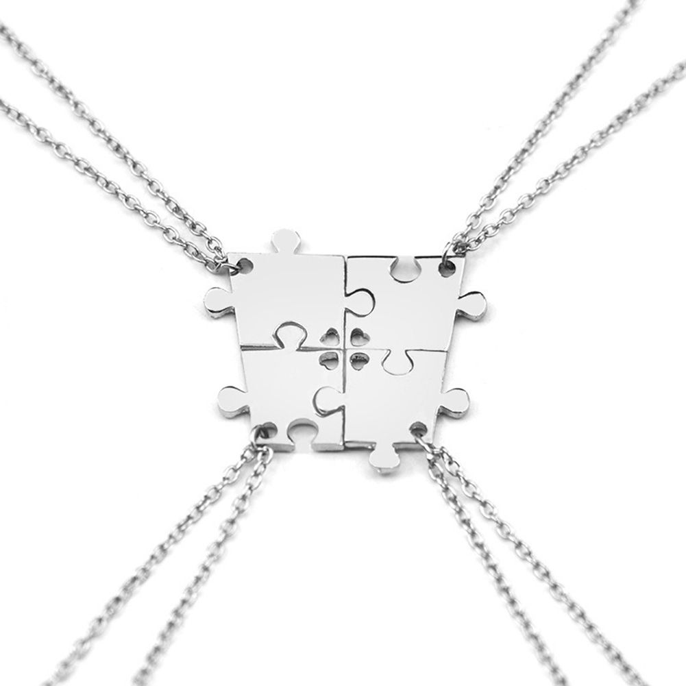 4Pcs Interlocking Jigsaw Puzzle Pendant Chain Necklace Family Best Friends Gift-Silver