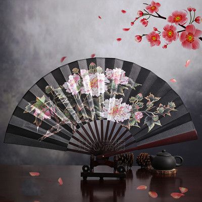 Fan Silk Chinese Fabric Folding Printed Classic Traditional Hand Bamboo 10" Large Show Men Custom Dance Fan Fan Gift Logo