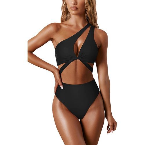 RUUHEE Women Bikini Set One Shoulder Cutout Deep V Neck Lace