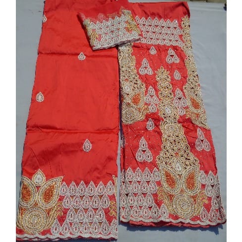 Coral Peach Pre-cut Indian Lace George With Blouse - 7 Yards