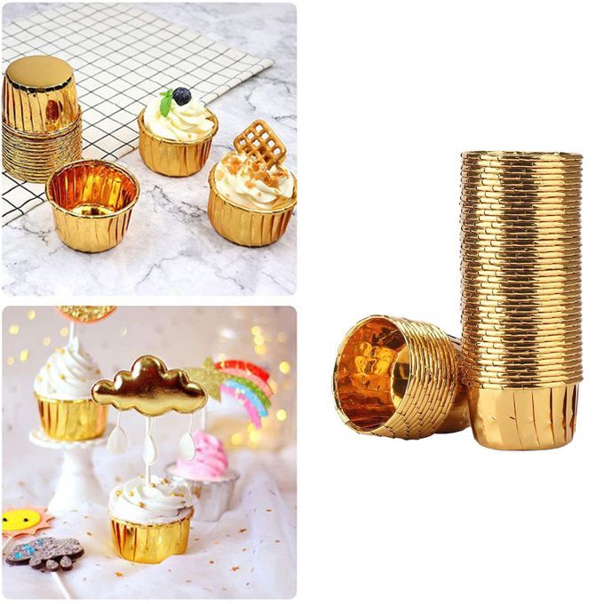 50x Foil Cup Cake Cases Cupcake Muffin Paper Baking Cups Wrappers Gold