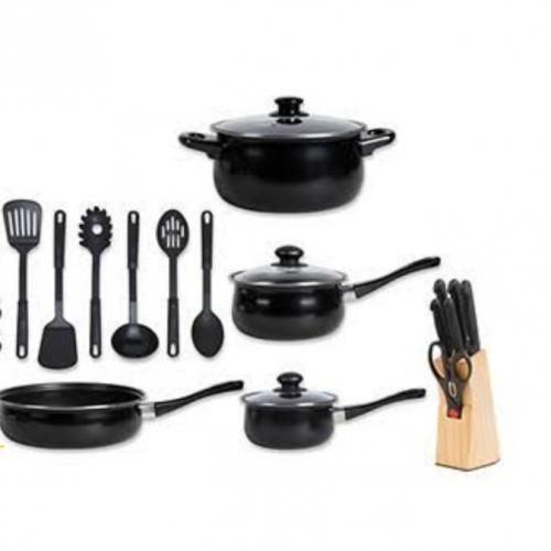 3 Non StickPots + 1 FryPan+ 6 Spoons & Knife Set With Holder