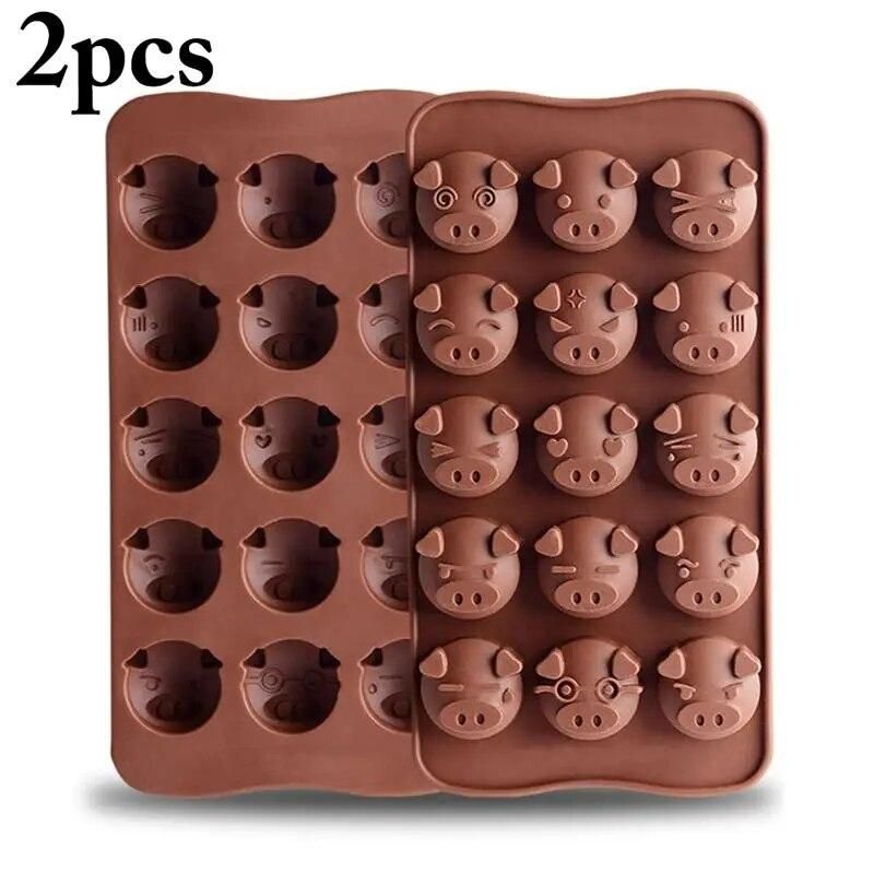2pcs Easy Demoulding Silicone Chocolate Molds For Baking Cute Pig Head Shape Bakeware Candy Gummy Tray Cake Moulds