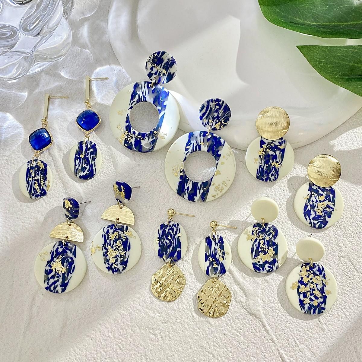 Lifefontier Handmade Polymer Clay Earrings For Women Unusual Blue Geometric Foil Crystal Drop Earring Party Jewelry Gifts 2022