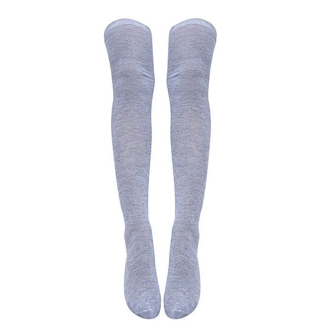 Women Plain Thigh High Socks Cotton Stocking Casual Winter Light Grey