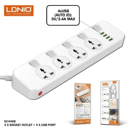 Power Strip With 4 Socket & 4 Usb Output 3.4a - 2500w