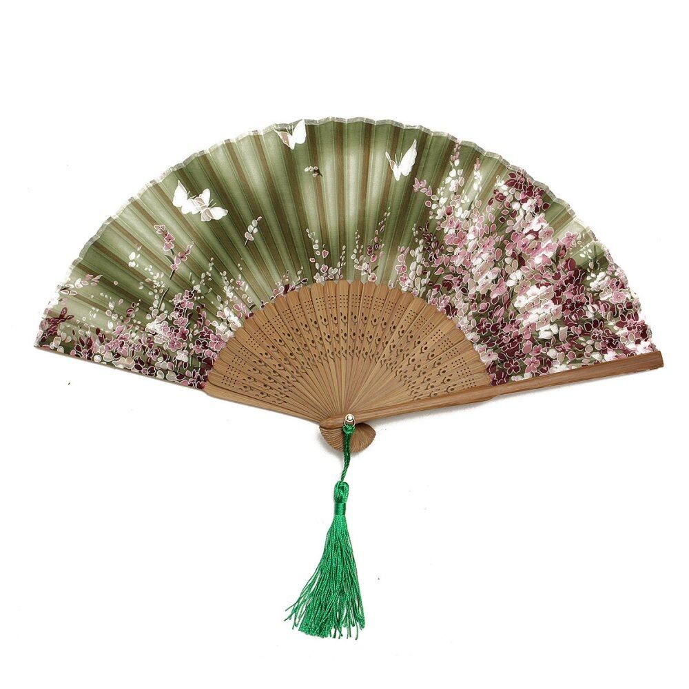 Chinese Hand Held Fan Bamboo Silk Butterfly & Flower Folding Fan Wedding Decor Green #06 Six