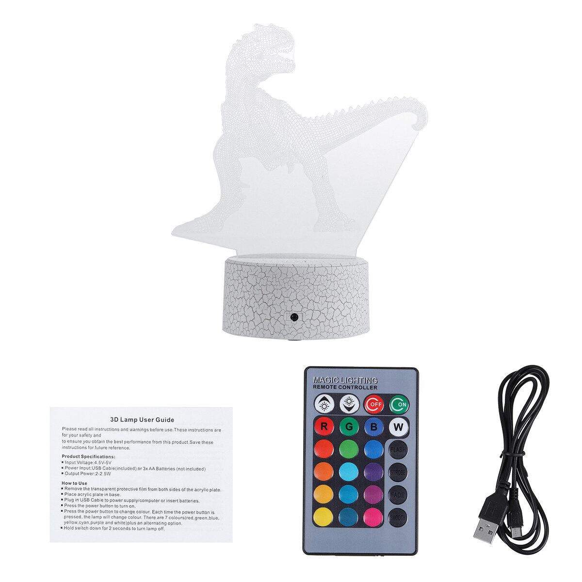 Dinosaur 3D LED Lamp Desk Night Light RoomTouch Switch/Controller USB Charging Multicolor-Remote Control