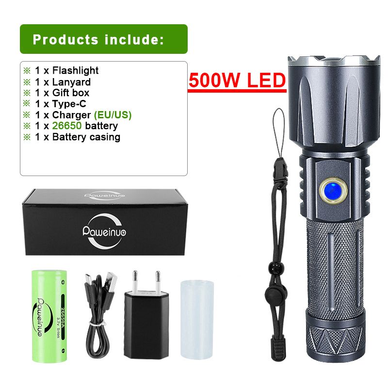 90000000LM 500W LED Flashlight Recharge Flash Light USB