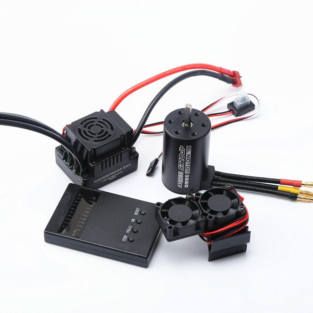 Waterproof 3660 3800KV Brushless Motor 80A  Brushless ESC Programming Card With Motor Heat Sink Cooling Fan  Combo Set for 1/8 Remote Control Car Truck