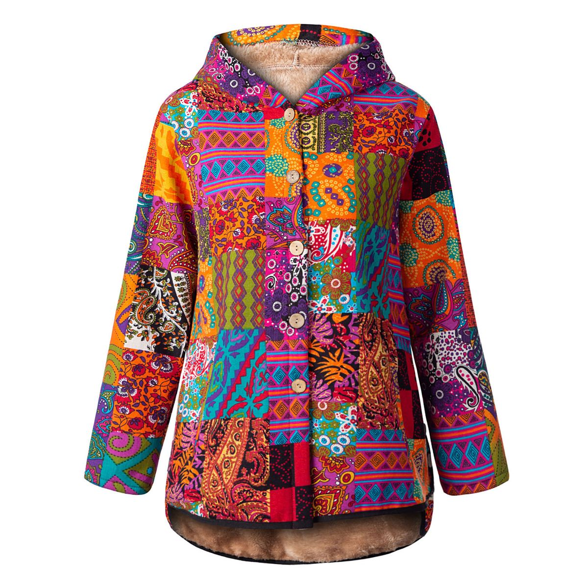Women Fleece Hooded Jacket Vintage Print Pockets Button Down