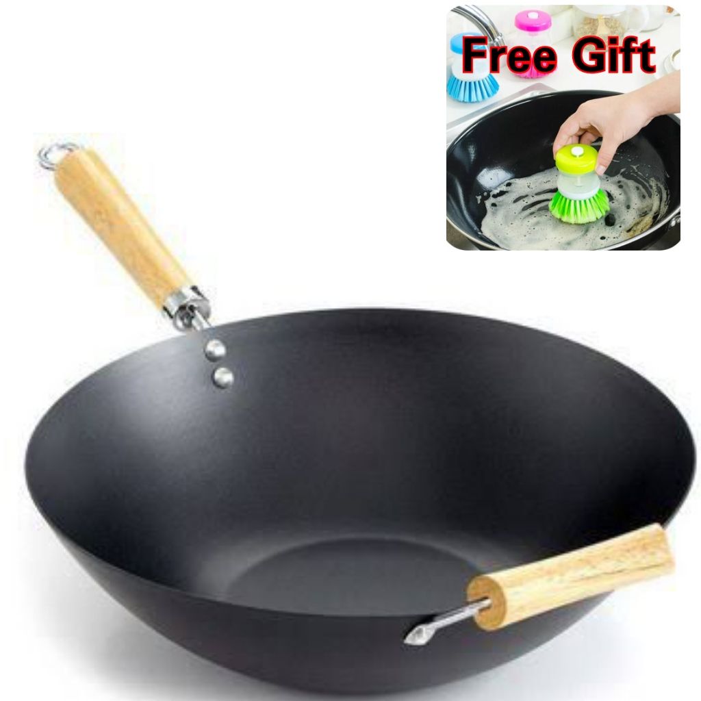 34CM Iron Wok Carbon Steel Stir-fry Pan + Free Dish Washer