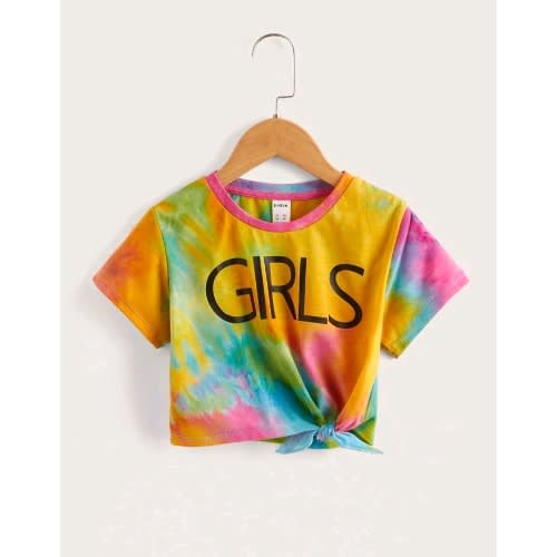 Girls Tie Dye Letter Knot Hem Crop Top- Multicolour