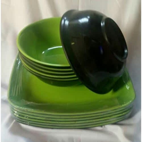 12 Pieces Unbreakable Ceramic Curved And Flat Plates -  Green - 6" And 10.5"